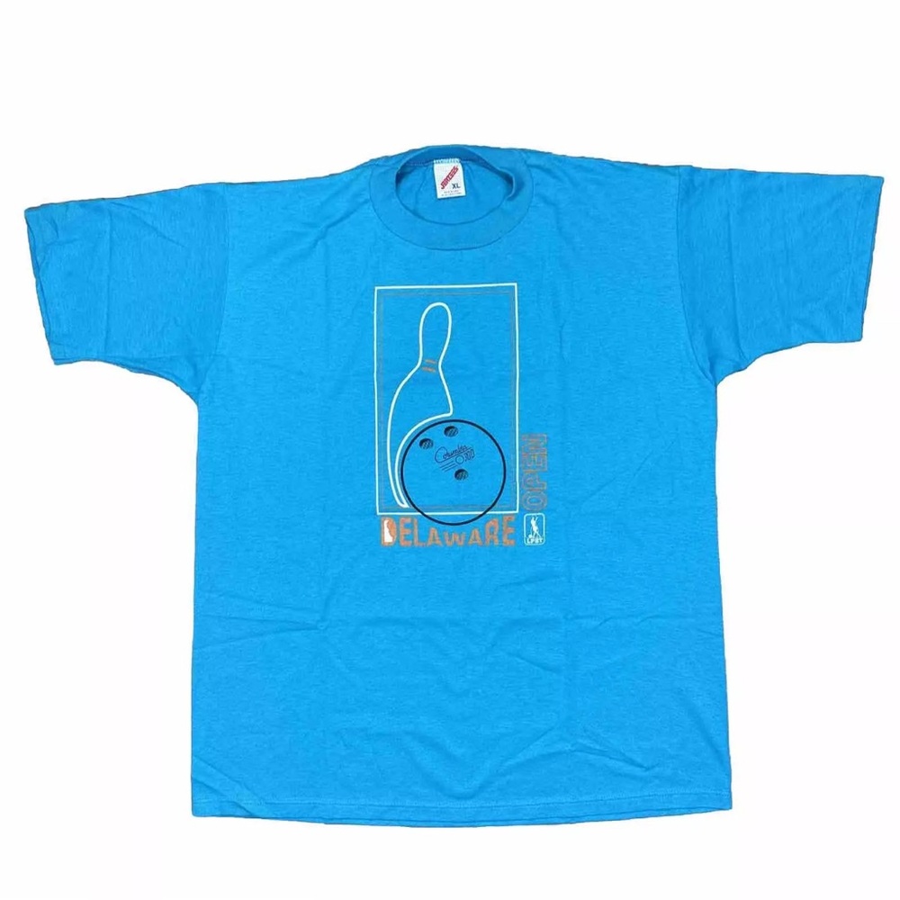 Vintage LBPT Bowling T Shirt Blue Delaware Open Columbia 300 Graphic USA SS XL